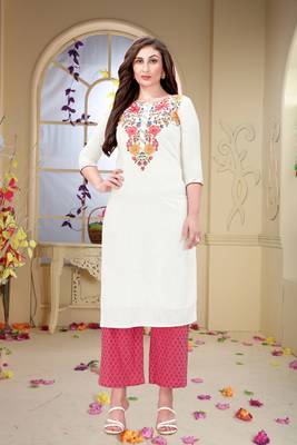 Trendmalls Beige embroidered cotton cotton Party Wear Festive Casual Wedding CHIKANKARI Premium Kurtis & Kurta  1