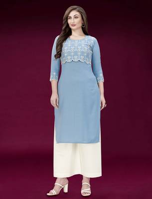 Trendmalls Sky-blue embroidered cotton ethnic Party Wear Festive Casual Wedding CHIKANKARI Premium Kurtis & Kurta  1