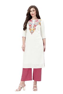 Trendmalls Beige embroidered cotton cotton Party Wear Festive Casual Wedding CHIKANKARI Premium Kurtis & Kurta  3