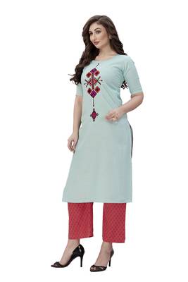 Trendmalls Sky-blue embroidered cotton ethnic Party Wear Festive Casual Wedding CHIKANKARI Premium Kurtis & Kurta  3