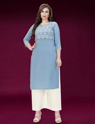 Trendmalls Sky-blue embroidered cotton ethnic Party Wear Festive Casual Wedding CHIKANKARI Premium Kurtis & Kurta  4