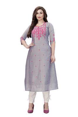 Trendmalls Grey embroidered chanderi ethnic Party Wear Festive Casual Wedding CHIKANKARI Premium Kurtis & Kurta  2
