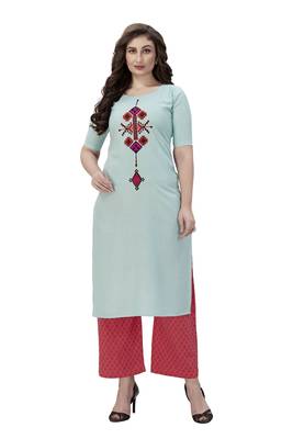 Trendmalls Sky-blue embroidered cotton ethnic Party Wear Festive Casual Wedding CHIKANKARI Premium Kurtis & Kurta  2