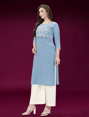 Trendmalls Sky-blue embroidered cotton ethnic Party Wear Festive Casual Wedding CHIKANKARI Premium Kurtis & Kurta  2