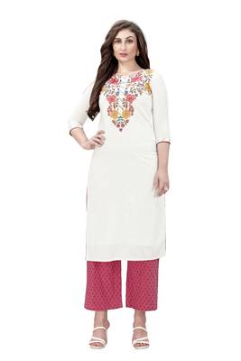 Trendmalls Beige embroidered cotton cotton Party Wear Festive Casual Wedding CHIKANKARI Premium Kurtis & Kurta  4