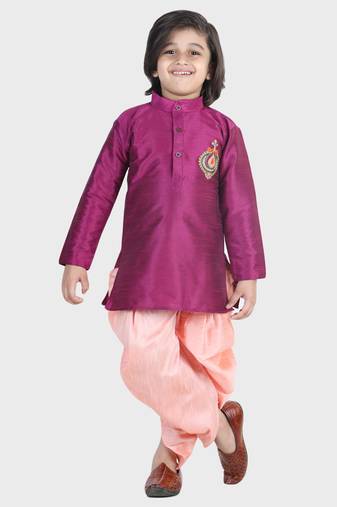 BownBee Hand Embroidered Silk Dhoti Kurta for Boys- Purple