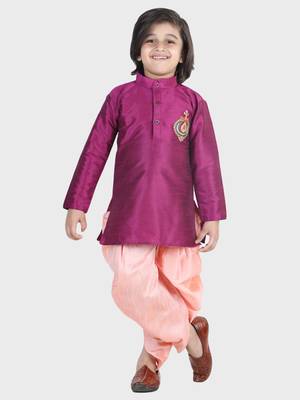 BownBee Hand Embroidered Silk Dhoti Kurta for Boys- Purple 1
