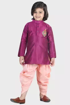 BownBee Hand Embroidered Silk Dhoti Kurta for Boys- Purple