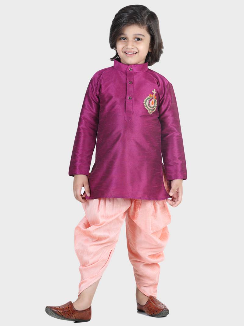 BownBee Hand Embroidered Silk Dhoti Kurta for Boys- Purple