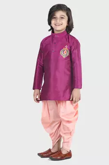 BownBee Hand Embroidered Silk Dhoti Kurta for Boys- Purple