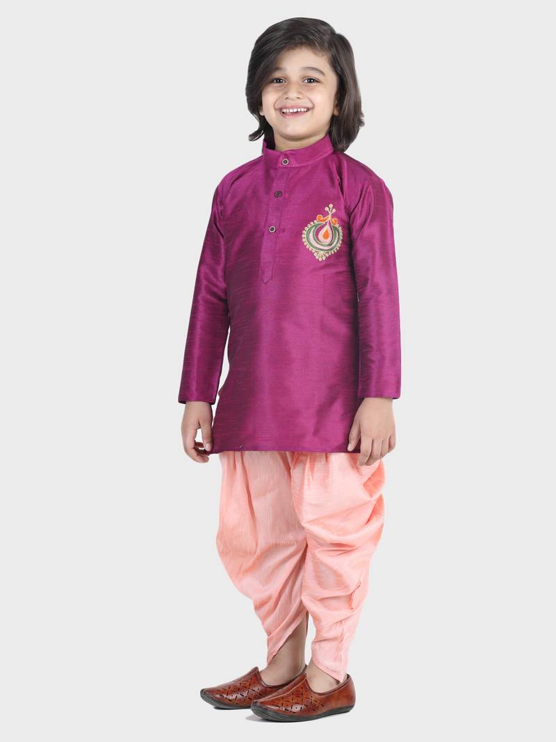BownBee Hand Embroidered Silk Dhoti Kurta for Boys- Purple