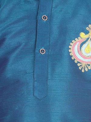 BownBee Hand Embroidered Silk Dhoti Kurta for Boys- Blue 2