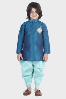 BownBee Hand Embroidered Silk Dhoti Kurta for Boys- Blue