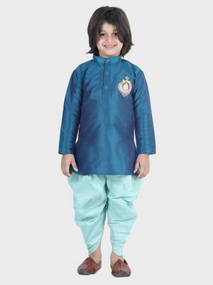 BownBee Hand Embroidered Silk Dhoti Kurta for Boys- Blue 1