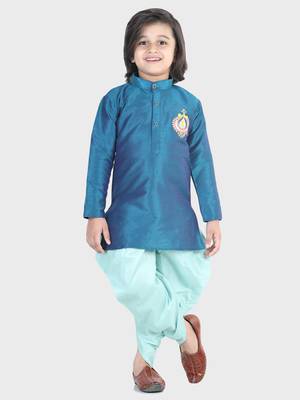 BownBee Hand Embroidered Silk Dhoti Kurta for Boys- Blue 3
