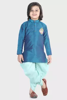 BownBee Hand Embroidered Silk Dhoti Kurta for Boys- Blue