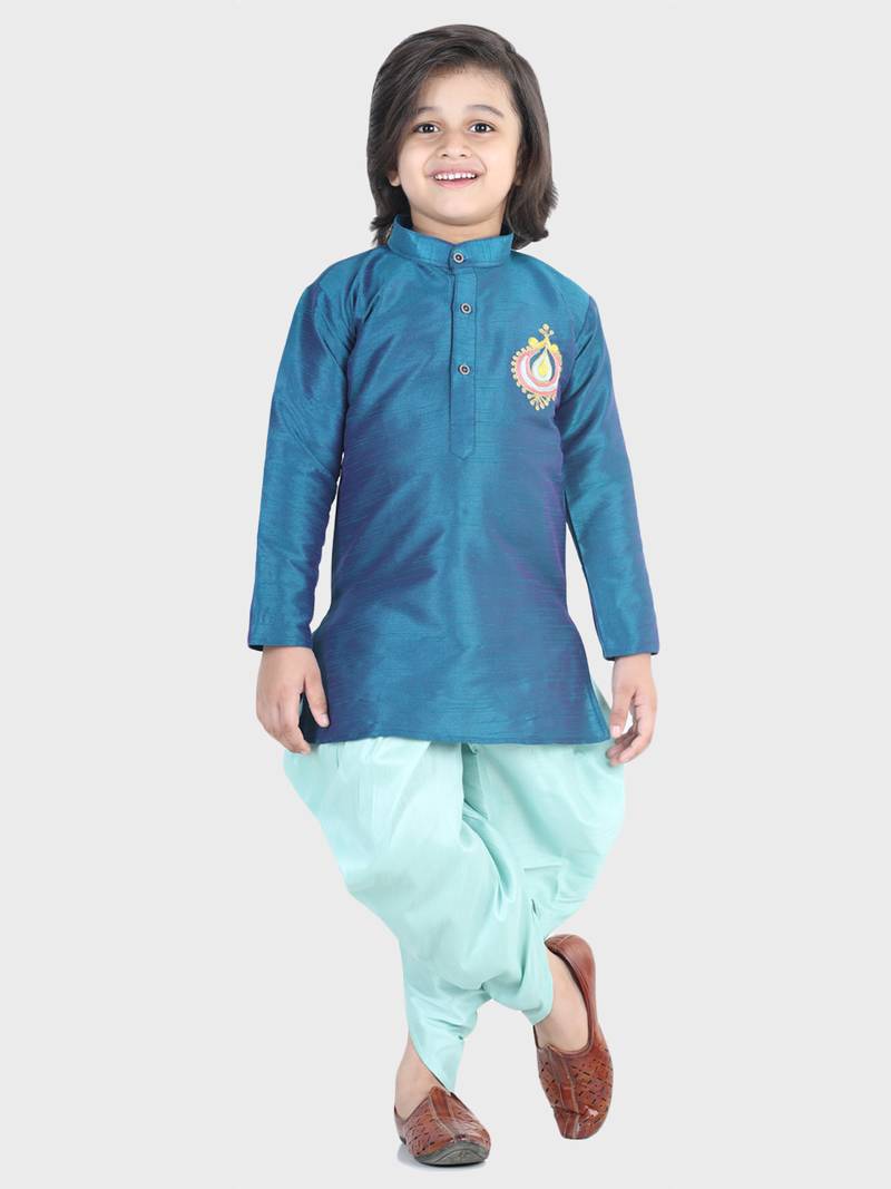 BownBee Hand Embroidered Silk Dhoti Kurta for Boys- Blue
