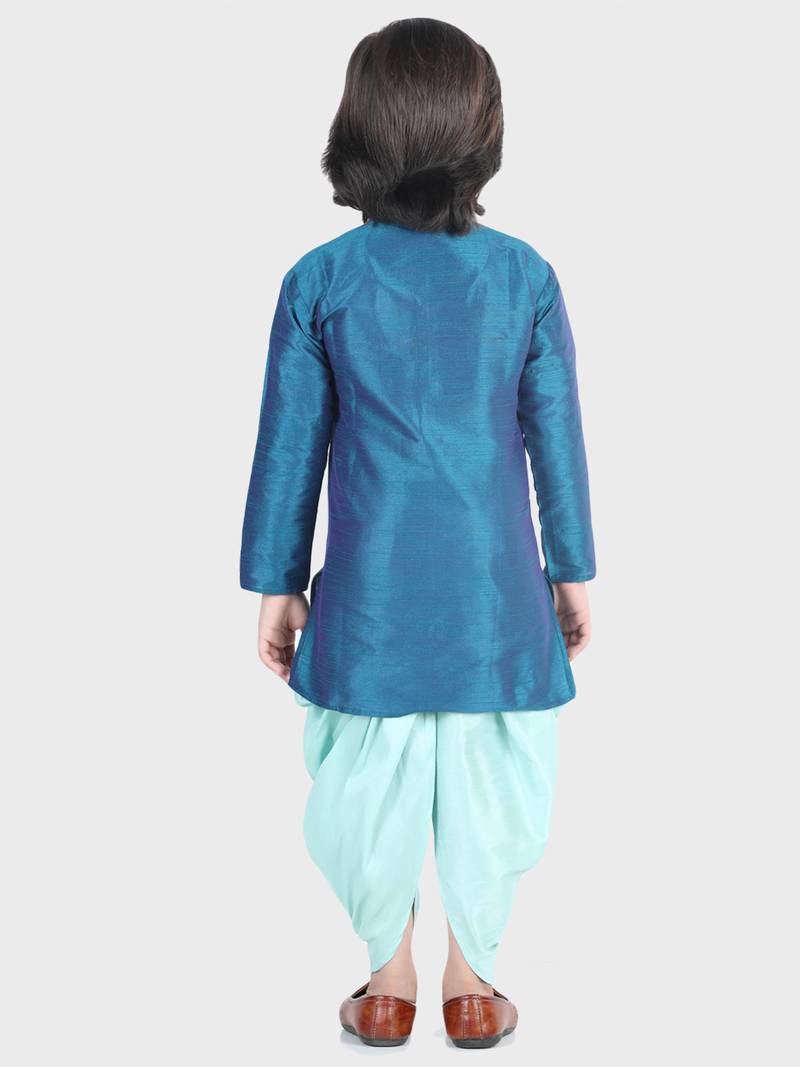 BownBee Hand Embroidered Silk Dhoti Kurta for Boys- Blue