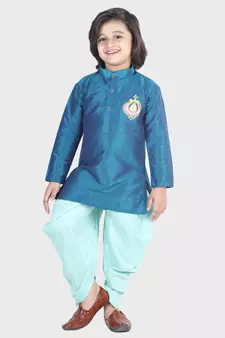 BownBee Hand Embroidered Silk Dhoti Kurta for Boys- Blue