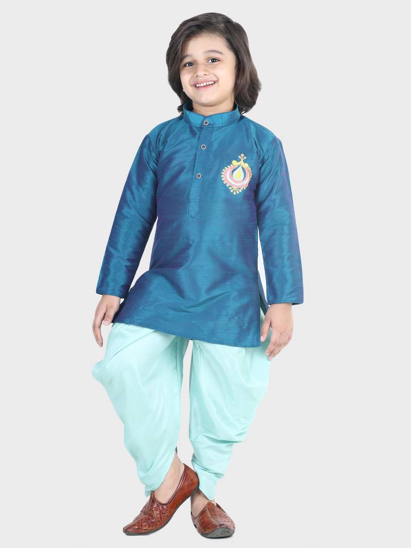 BownBee Hand Embroidered Silk Dhoti Kurta for Boys- Blue