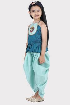 BownBee Hand Embroidered Grecian Neck Top Dhoti for Girls- Blue