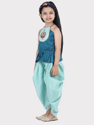 BownBee Hand Embroidered Grecian Neck Top Dhoti for Girls- Blue 1