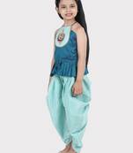 BownBee Hand Embroidered Grecian Neck Top Dhoti for Girls- Blue