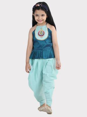 BownBee Hand Embroidered Grecian Neck Top Dhoti for Girls- Blue 2