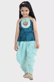 BownBee Hand Embroidered Grecian Neck Top Dhoti for Girls- Blue