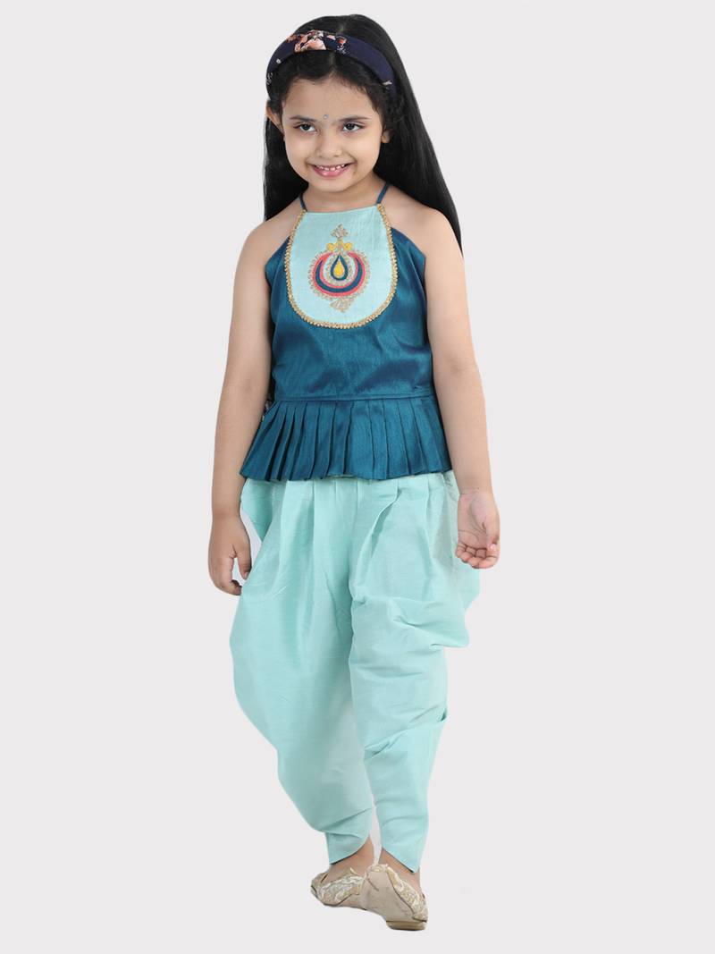 BownBee Hand Embroidered Grecian Neck Top Dhoti for Girls- Blue