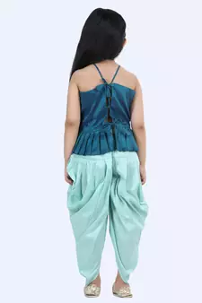 BownBee Hand Embroidered Grecian Neck Top Dhoti for Girls- Blue