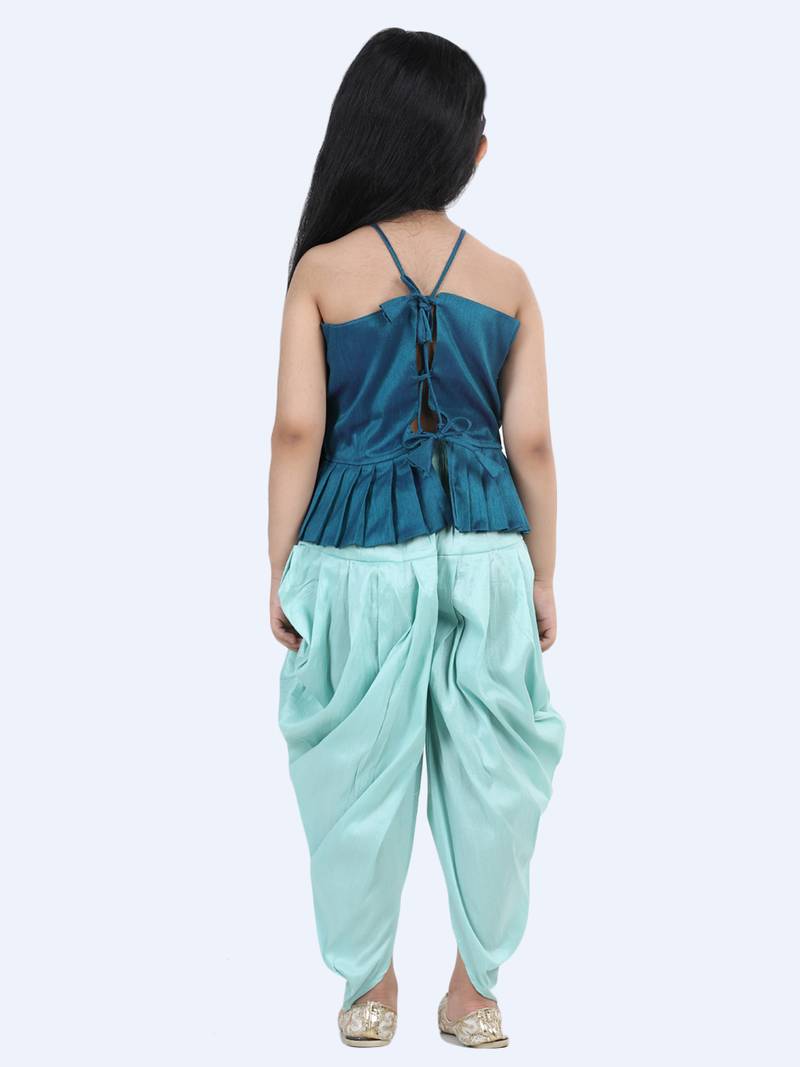 BownBee Hand Embroidered Grecian Neck Top Dhoti for Girls- Blue