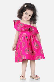 BownBee One Shoulder Frill Jacquard Frock Party Dress For Girls- Pink
