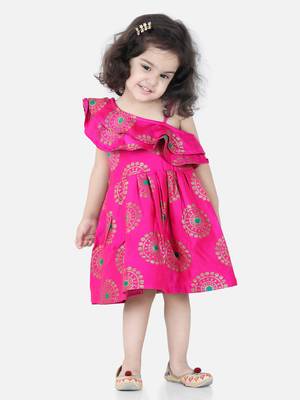 BownBee One Shoulder Frill Jacquard Frock Party Dress For Girls- Pink 1
