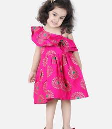 BownBee One Shoulder Frill Jacquard Frock Party Dress For Girls- Pink