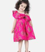 BownBee One Shoulder Frill Jacquard Frock Party Dress For Girls- Pink
