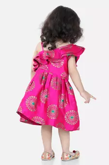 BownBee One Shoulder Frill Jacquard Frock Party Dress For Girls- Pink