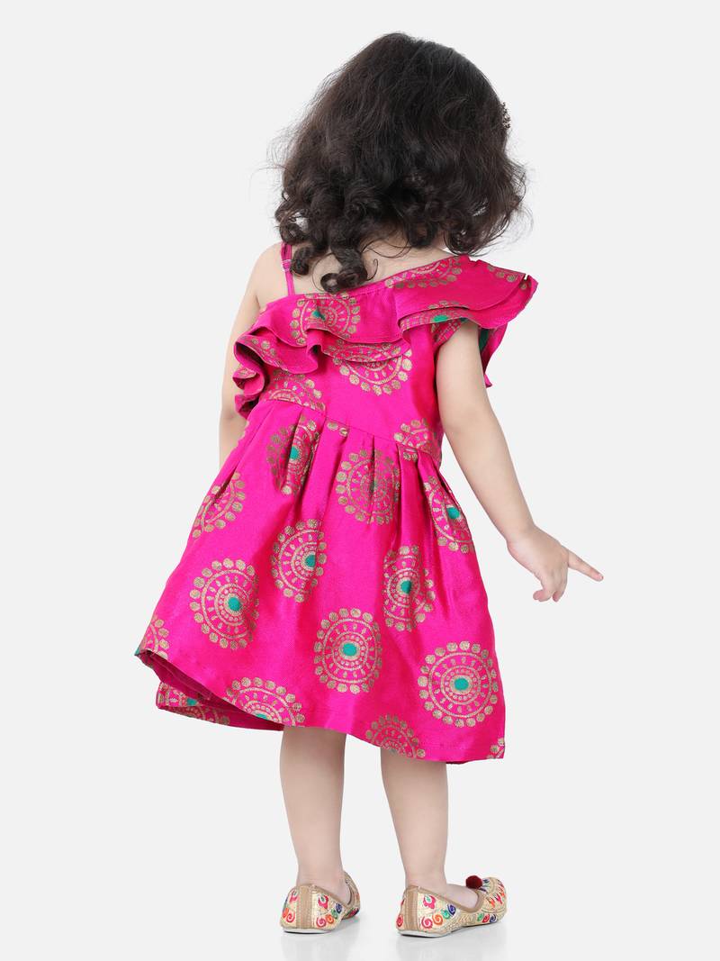 BownBee One Shoulder Frill Jacquard Frock Party Dress For Girls- Pink