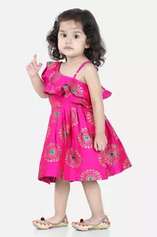 BownBee One Shoulder Frill Jacquard Frock Party Dress For Girls- Pink