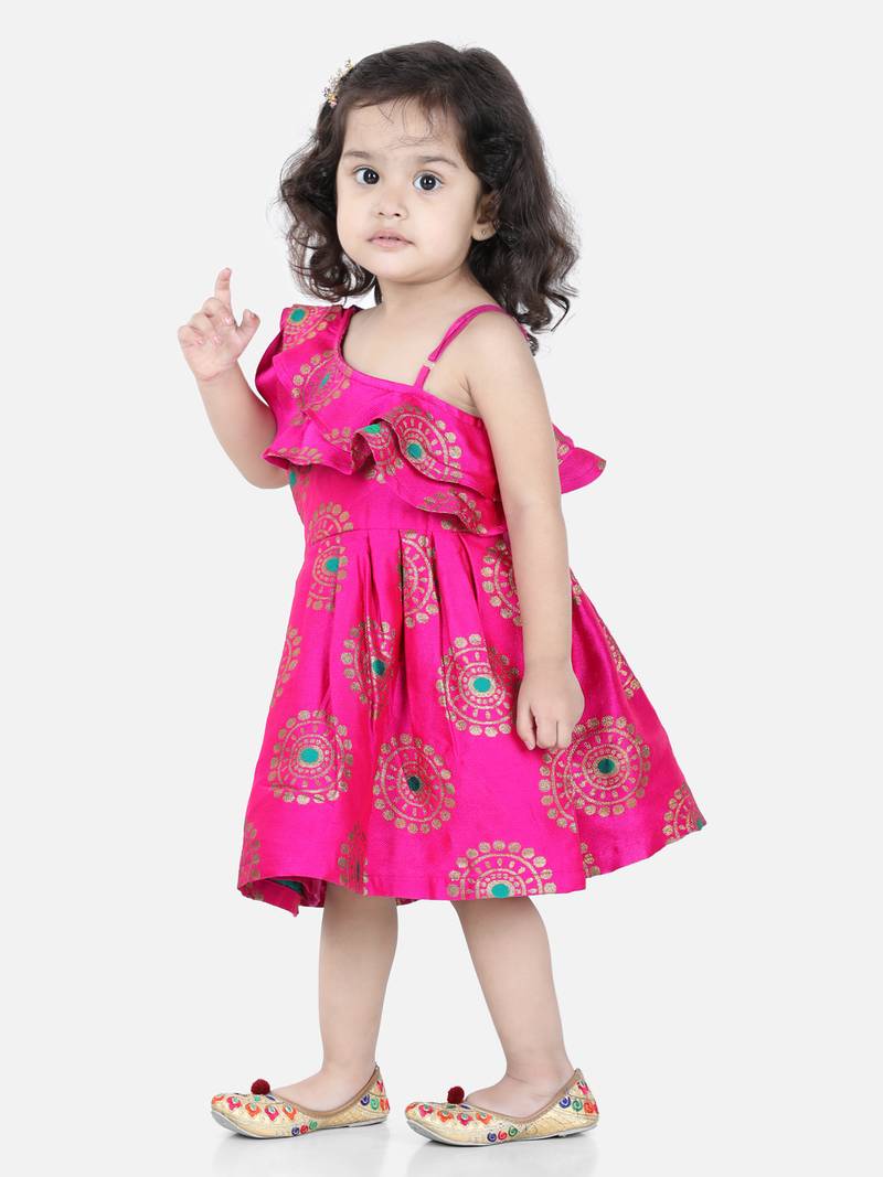 BownBee One Shoulder Frill Jacquard Frock Party Dress For Girls- Pink