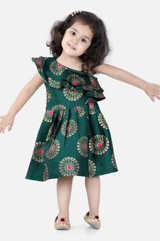 BownBee One Shoulder Frill Jacquard Frock Party Dress For Girls- Green
