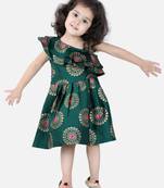 BownBee One Shoulder Frill Jacquard Frock Party Dress For Girls- Green