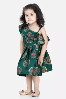 BownBee One Shoulder Frill Jacquard Frock Party Dress For Girls- Green