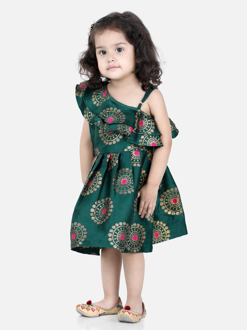 BownBee One Shoulder Frill Jacquard Frock Party Dress For Girls- Green