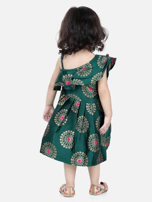 BownBee One Shoulder Frill Jacquard Frock Party Dress For Girls- Green 3