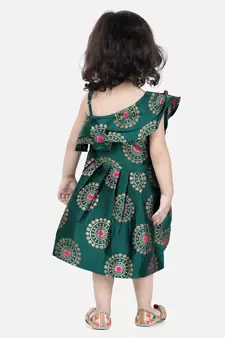 BownBee One Shoulder Frill Jacquard Frock Party Dress For Girls- Green