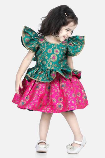 BownBee Jacquard Ruffle Sleeve Frock Party Dress for Girls-Green