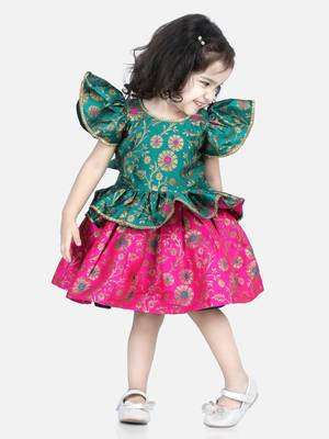 BownBee Jacquard Ruffle Sleeve Frock Party Dress for Girls-Green 1