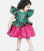 BownBee Jacquard Ruffle Sleeve Frock Party Dress for Girls-Green