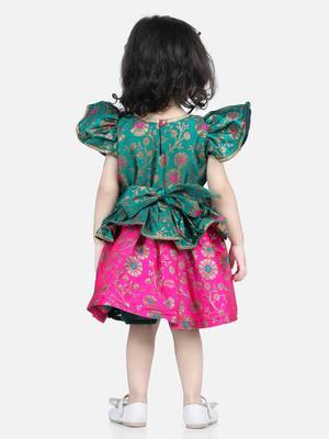 BownBee Jacquard Ruffle Sleeve Frock Party Dress for Girls-Green 2